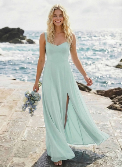 A-Line Sweetheart Sleeveless Floor-Length Elegant Chiffon Bridesmaid Dress With Split Front