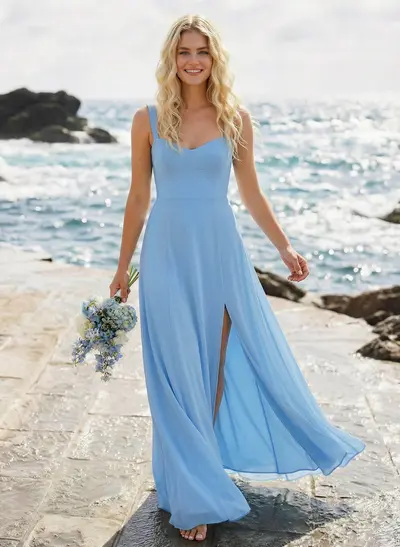 A-Line Sweetheart Sleeveless Floor-Length Elegant Chiffon Bridesmaid Dress With Split Front