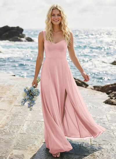 A-Line Sweetheart Sleeveless Floor-Length Elegant Chiffon Bridesmaid Dress With Split Front