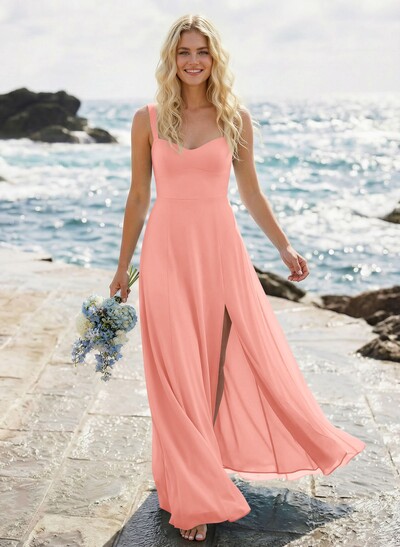 A-Line Sweetheart Sleeveless Floor-Length Elegant Chiffon Bridesmaid Dress With Split Front