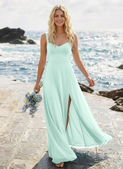 A-Line Sweetheart Sleeveless Floor-Length Elegant Chiffon Bridesmaid Dress With Split Front