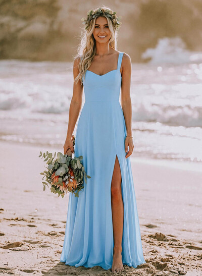 A-Line Sweetheart Sleeveless Floor-Length Elegant Chiffon Bridesmaid Dress With Split Front