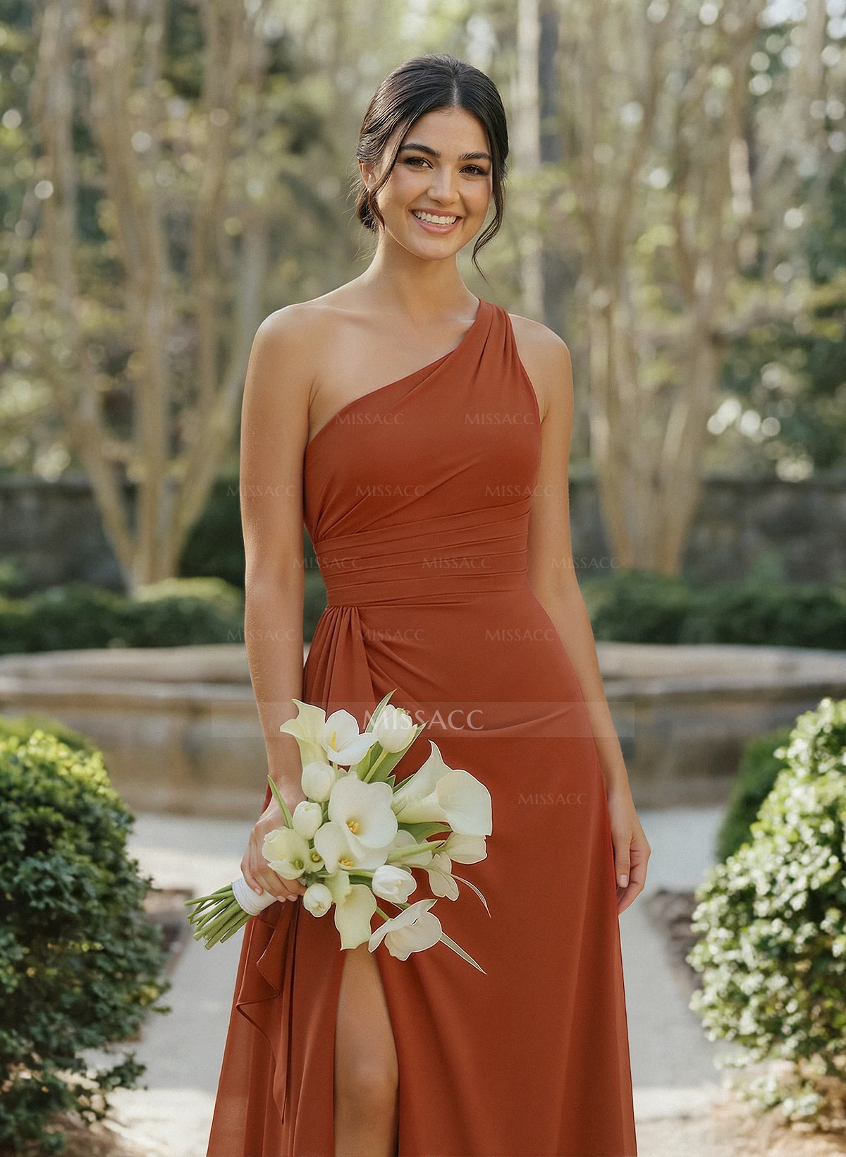 A-Line One-Shoulder Sleeveless Floor-Length Chiffon Cap Straps Bridesmaid Dress With High Split