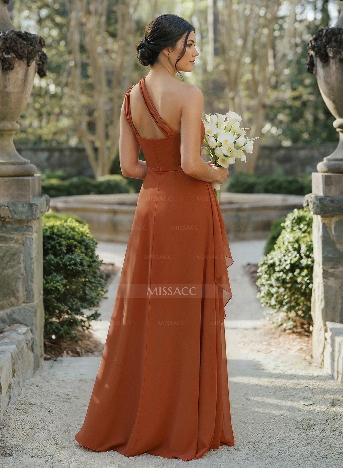 A-Line One-Shoulder Sleeveless Floor-Length Chiffon Cap Straps Bridesmaid Dress With High Split