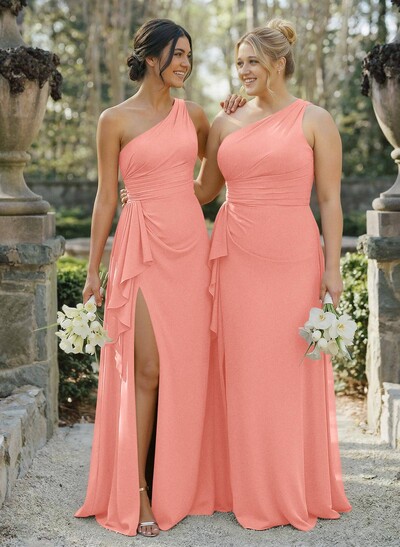 A-Line One-Shoulder Sleeveless Floor-Length Chiffon Cap Straps Bridesmaid Dress With High Split