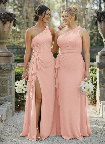 A-Line One-Shoulder Sleeveless Floor-Length Chiffon Cap Straps Bridesmaid Dress With High Split