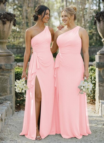 A-Line One-Shoulder Sleeveless Floor-Length Chiffon Cap Straps Bridesmaid Dress With High Split