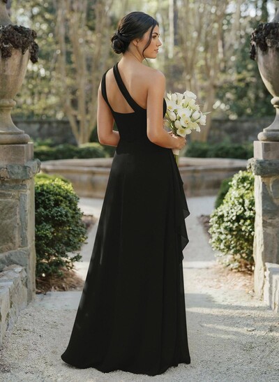 A-Line One-Shoulder Sleeveless Floor-Length Chiffon Cap Straps Bridesmaid Dress With High Split