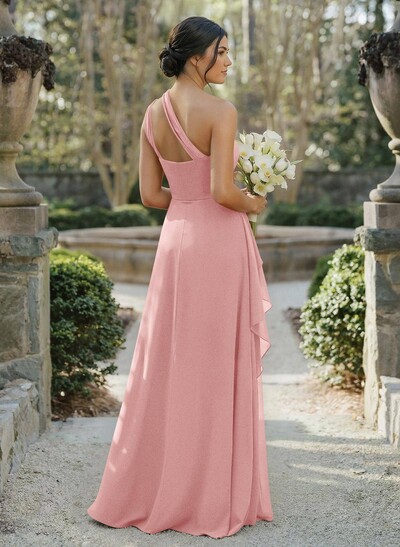 A-Line One-Shoulder Sleeveless Floor-Length Chiffon Cap Straps Bridesmaid Dress With High Split