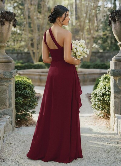 A-Line One-Shoulder Sleeveless Floor-Length Chiffon Cap Straps Bridesmaid Dress With High Split