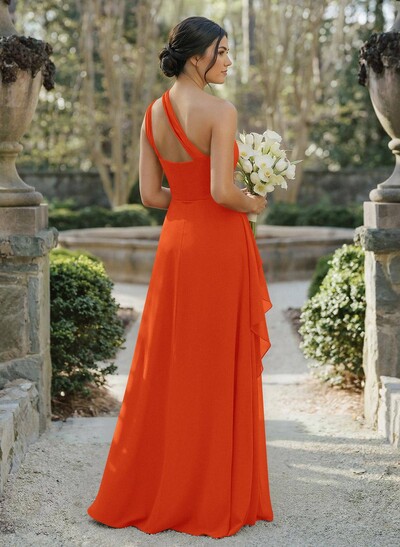 A-Line One-Shoulder Sleeveless Floor-Length Chiffon Cap Straps Bridesmaid Dress With High Split