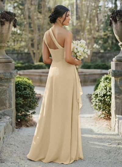 A-Line One-Shoulder Sleeveless Floor-Length Chiffon Cap Straps Bridesmaid Dress With High Split