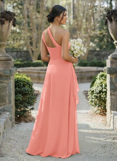 A-Line One-Shoulder Sleeveless Floor-Length Chiffon Cap Straps Bridesmaid Dress With High Split