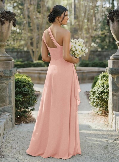 A-Line One-Shoulder Sleeveless Floor-Length Chiffon Cap Straps Bridesmaid Dress With High Split