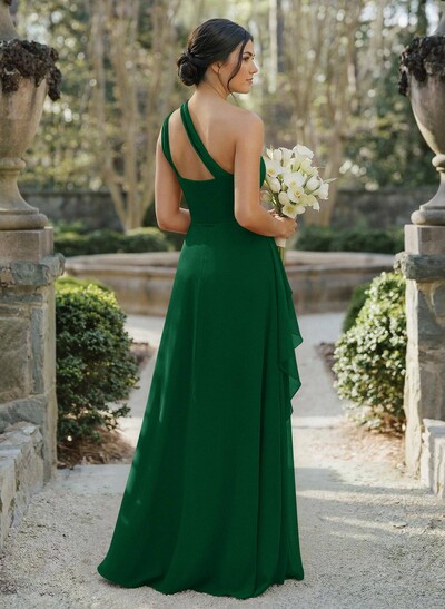 A-Line One-Shoulder Sleeveless Floor-Length Chiffon Cap Straps Bridesmaid Dress With High Split