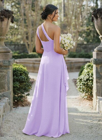 A-Line One-Shoulder Sleeveless Floor-Length Chiffon Cap Straps Bridesmaid Dress With High Split