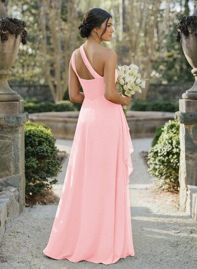 A-Line One-Shoulder Sleeveless Floor-Length Chiffon Cap Straps Bridesmaid Dress With High Split