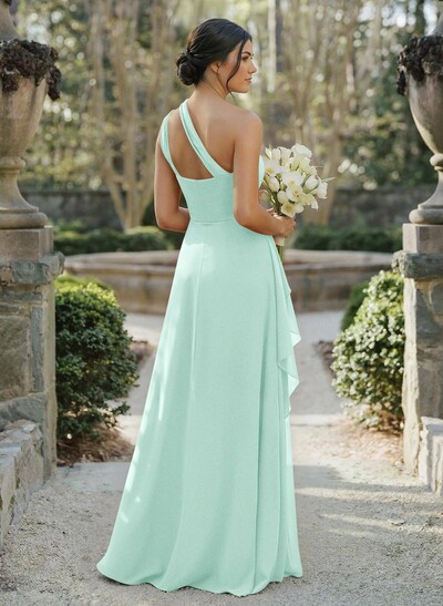 A-Line One-Shoulder Sleeveless Floor-Length Chiffon Cap Straps Bridesmaid Dress With High Split