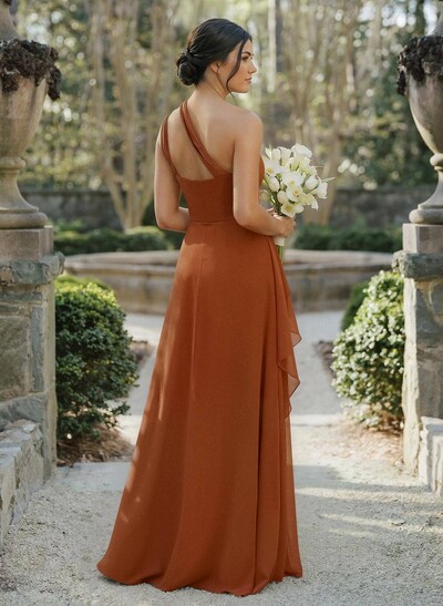 A-Line One-Shoulder Sleeveless Floor-Length Chiffon Cap Straps Bridesmaid Dress With High Split