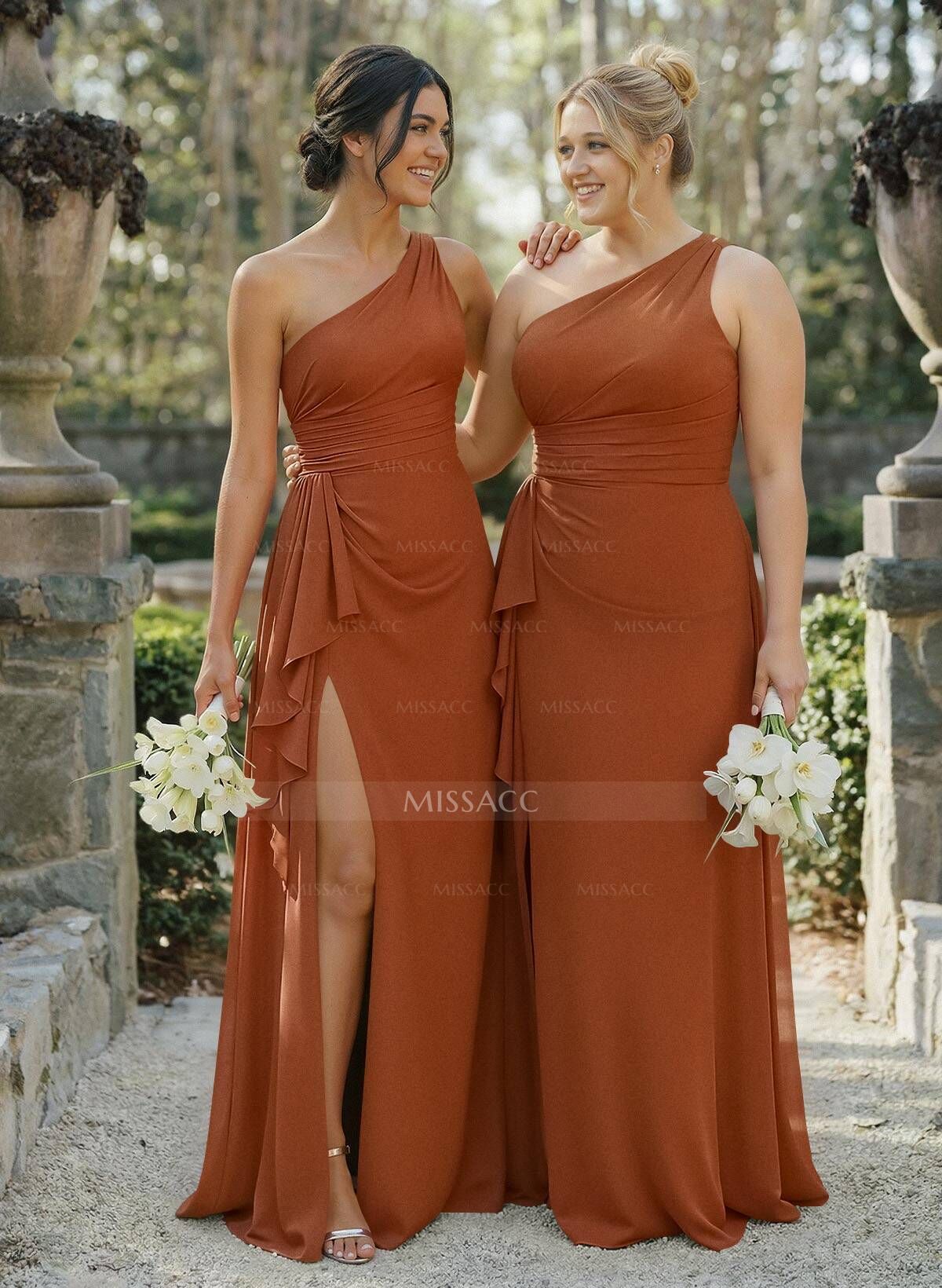 A-Line One-Shoulder Sleeveless Floor-Length Chiffon Cap Straps Bridesmaid Dress With High Split