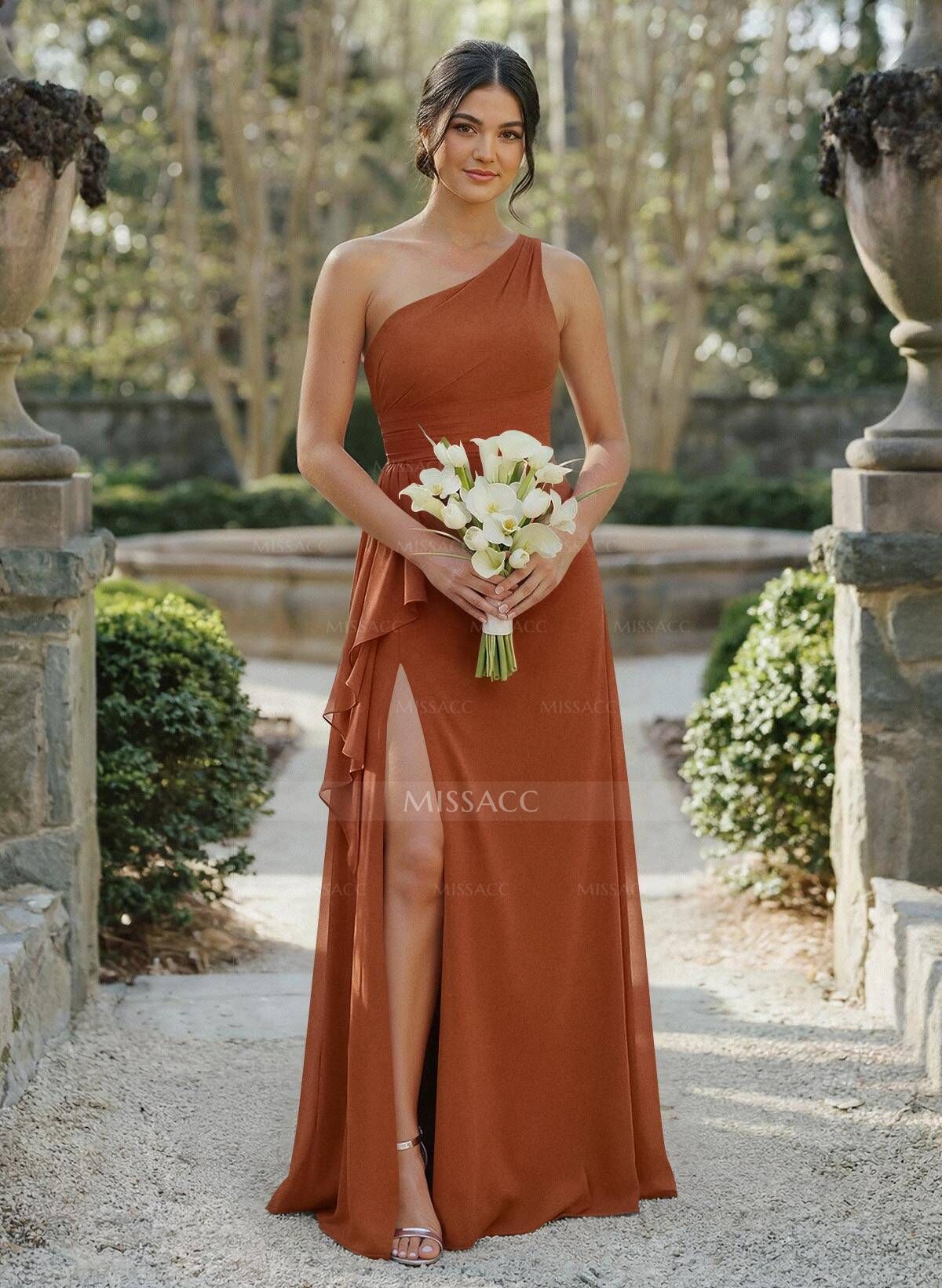 A-Line One-Shoulder Sleeveless Floor-Length Chiffon Cap Straps Bridesmaid Dress With High Split