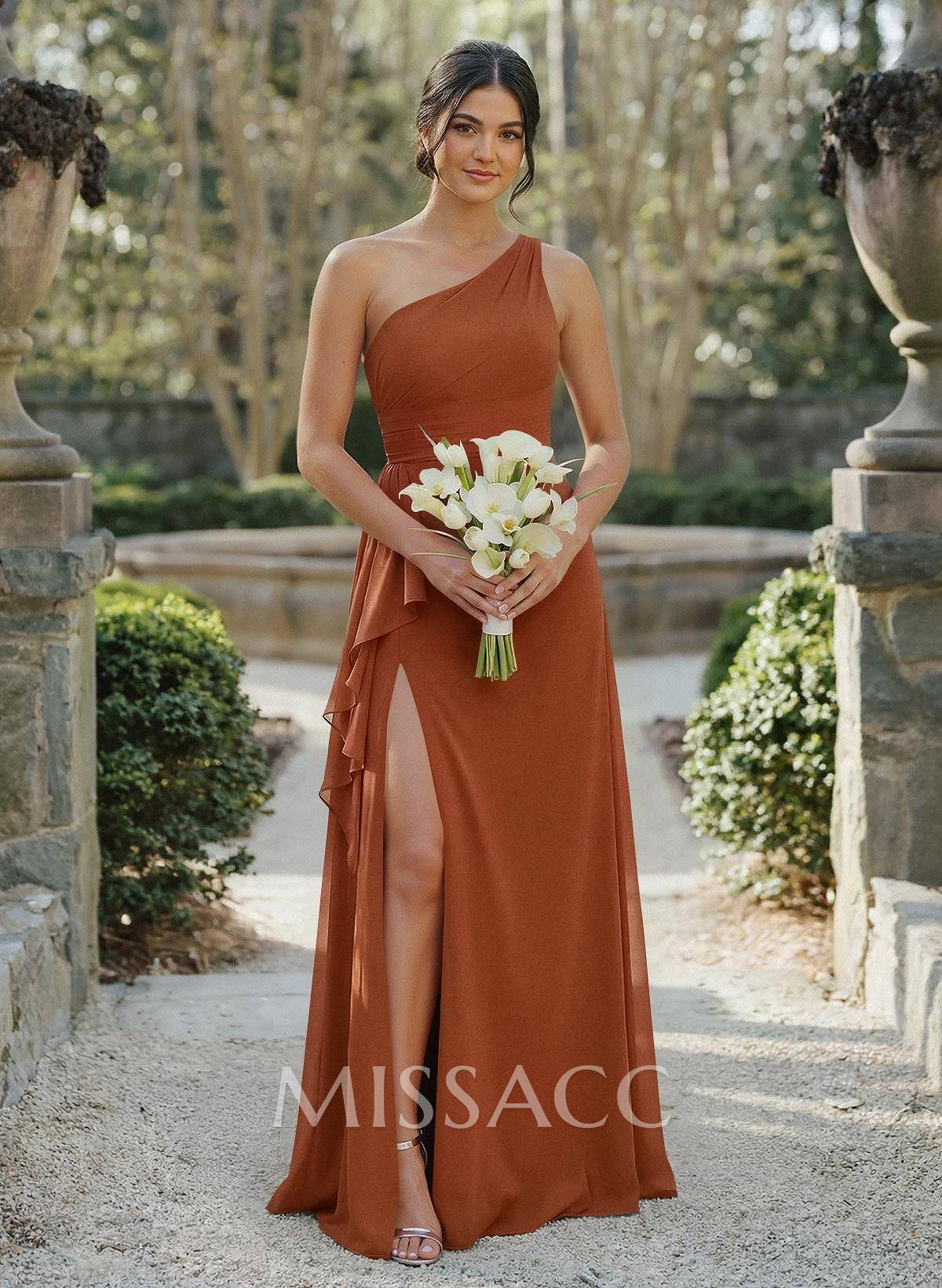 A-Line One-Shoulder Sleeveless Floor-Length Chiffon Cap Straps Bridesmaid Dress With High Split A-Line One-Shoulder Sleeveless Floor-Length Chiffon Cap Straps Bridesmaid Dress With High Split