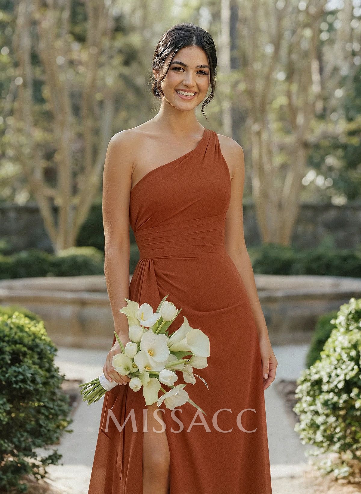 A-Line One-Shoulder Sleeveless Floor-Length Chiffon Cap Straps Bridesmaid Dress With High Split A-Line One-Shoulder Sleeveless Floor-Length Chiffon Cap Straps Bridesmaid Dress With High Split
