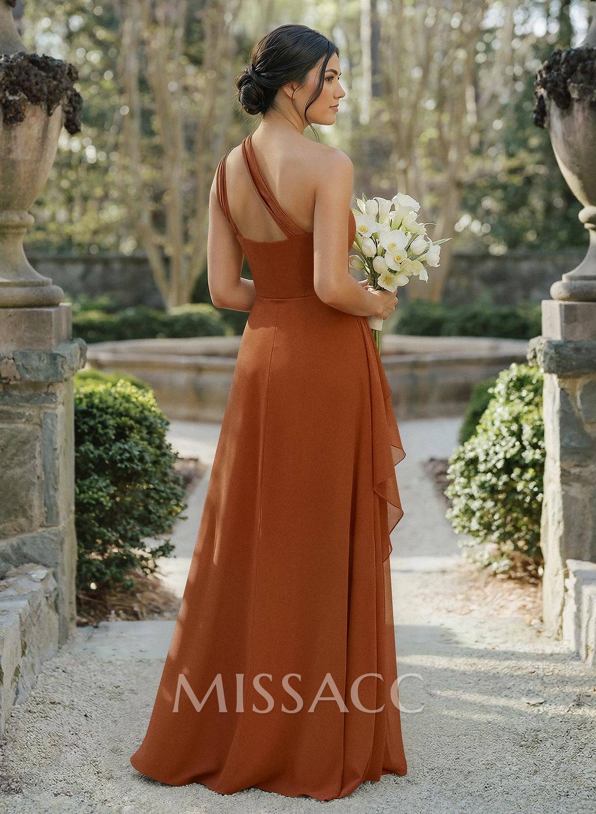 A-Line One-Shoulder Sleeveless Floor-Length Chiffon Cap Straps Bridesmaid Dress With High Split A-Line One-Shoulder Sleeveless Floor-Length Chiffon Cap Straps Bridesmaid Dress With High Split