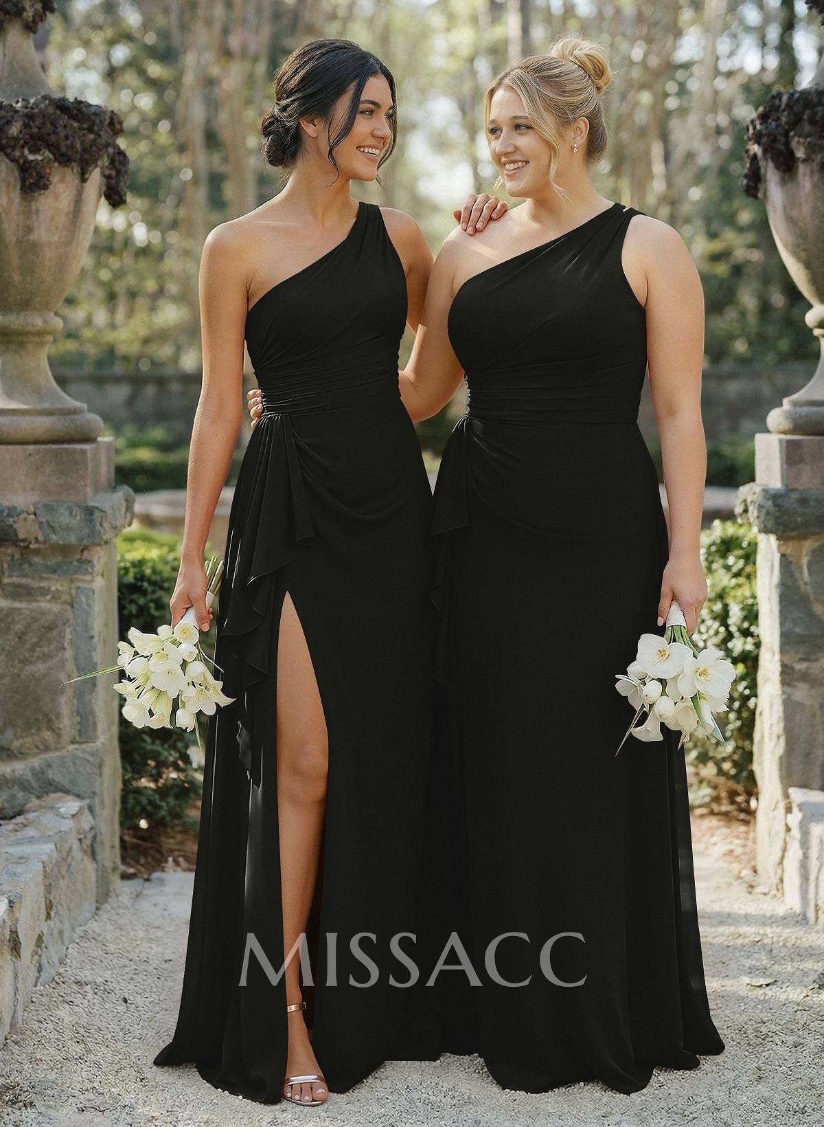 A-Line One-Shoulder Sleeveless Floor-Length Chiffon Cap Straps Bridesmaid Dress With High Split