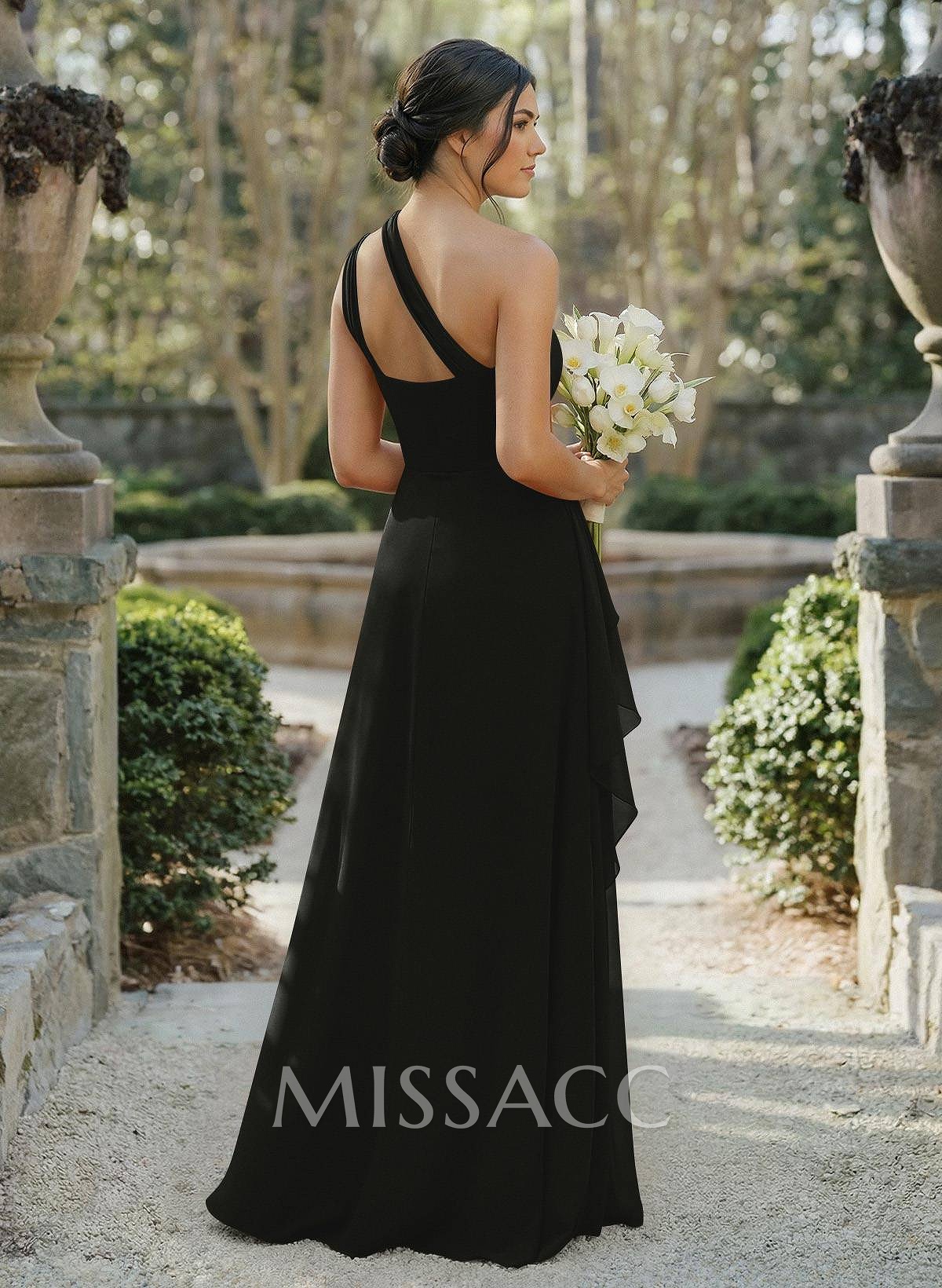 A-Line One-Shoulder Sleeveless Floor-Length Chiffon Cap Straps Bridesmaid Dress With High Split