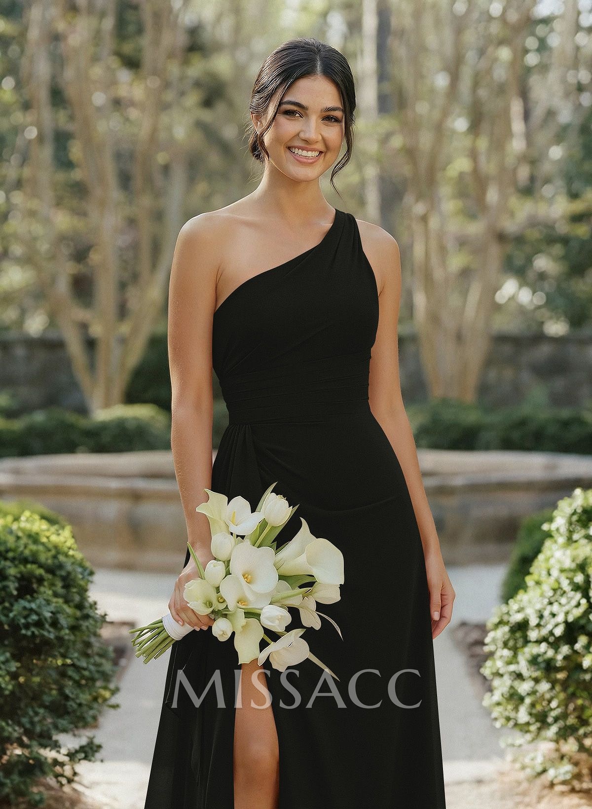 A-Line One-Shoulder Sleeveless Floor-Length Chiffon Cap Straps Bridesmaid Dress With High Split