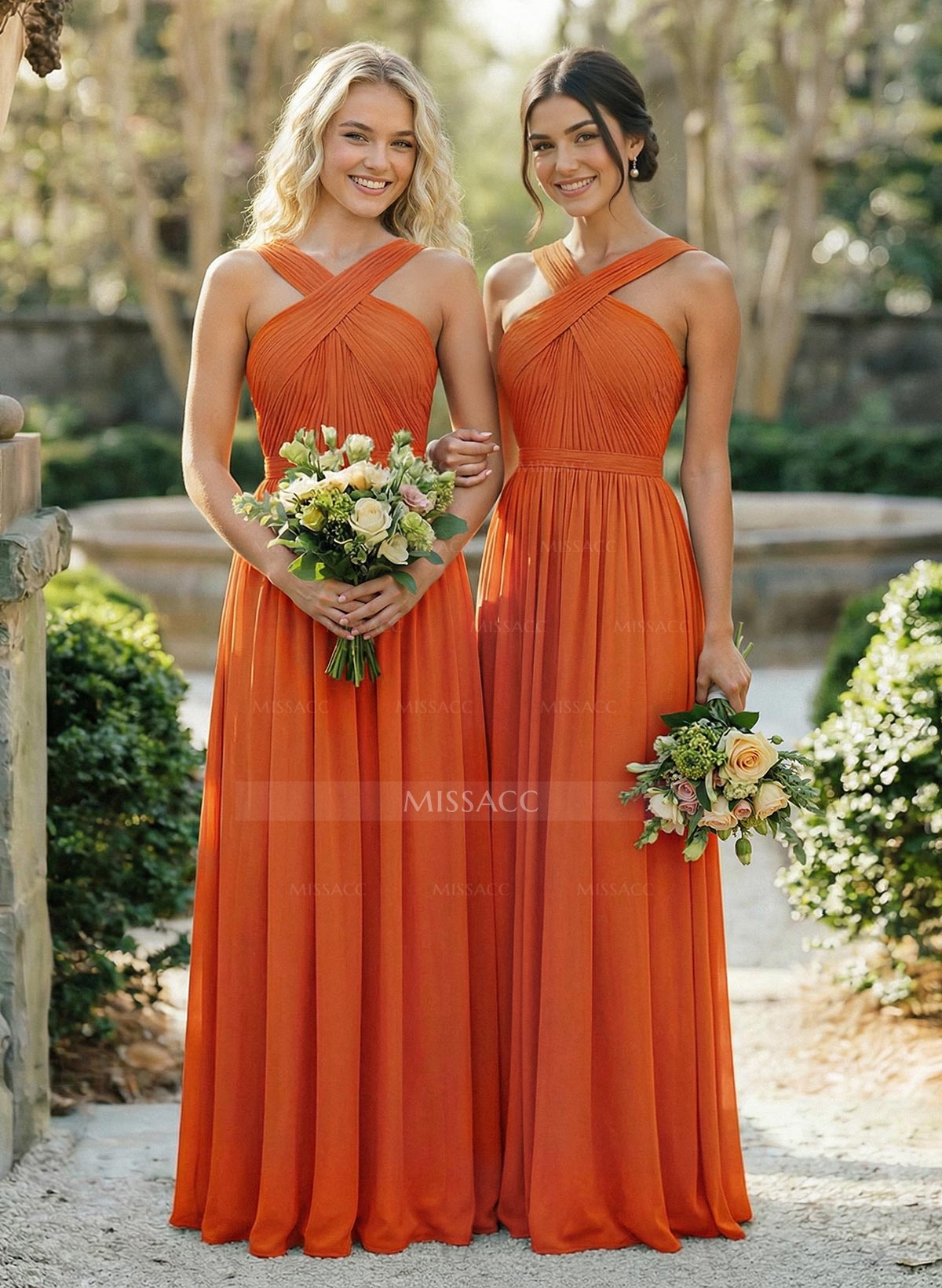 A-Line Floor-Length Halter Sleeveless Chiffon Bridesmaid Dress With Bow And Sash