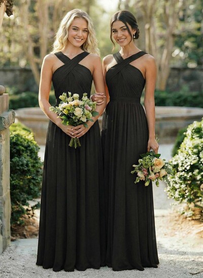 A-Line Floor-Length Halter Sleeveless Chiffon Bridesmaid Dress With Bow And Sash