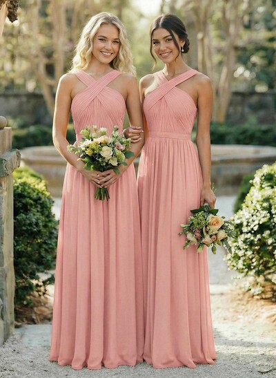 A-Line Floor-Length Halter Sleeveless Chiffon Bridesmaid Dress With Bow And Sash