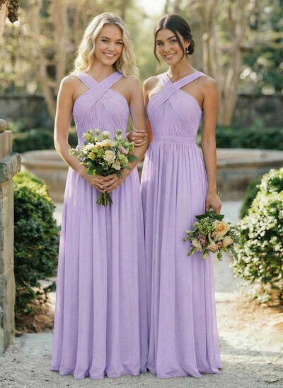 A-Line Floor-Length Halter Sleeveless Chiffon Bridesmaid Dress With Bow And Sash