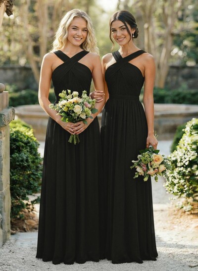 A-Line Floor-Length Halter Sleeveless Chiffon Bridesmaid Dress With Bow And Sash