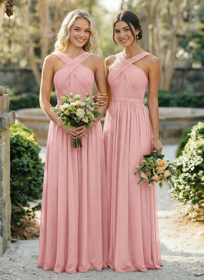 A-Line Floor-Length Halter Sleeveless Chiffon Bridesmaid Dress With Bow And Sash