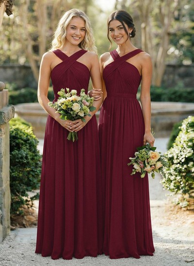 A-Line Floor-Length Halter Sleeveless Chiffon Bridesmaid Dress With Bow And Sash