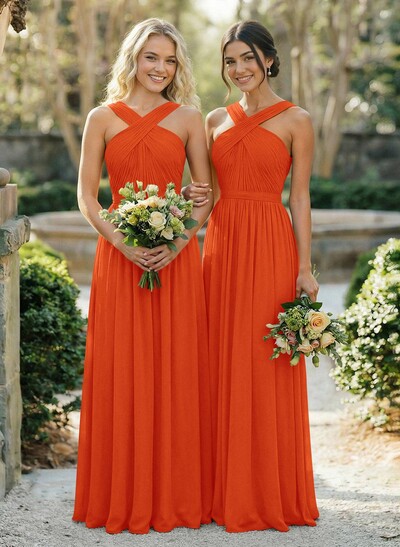 A-Line Floor-Length Halter Sleeveless Chiffon Bridesmaid Dress With Bow And Sash
