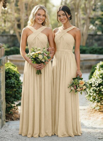 A-Line Floor-Length Halter Sleeveless Chiffon Bridesmaid Dress With Bow And Sash