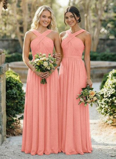 A-Line Floor-Length Halter Sleeveless Chiffon Bridesmaid Dress With Bow And Sash
