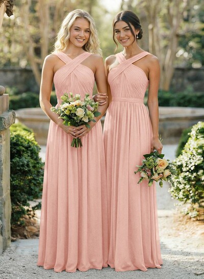 A-Line Floor-Length Halter Sleeveless Chiffon Bridesmaid Dress With Bow And Sash
