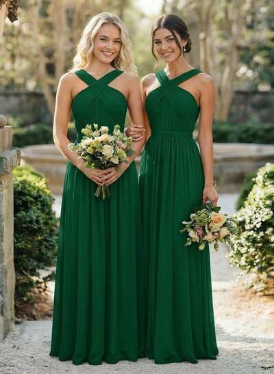 A-Line Floor-Length Halter Sleeveless Chiffon Bridesmaid Dress With Bow And Sash