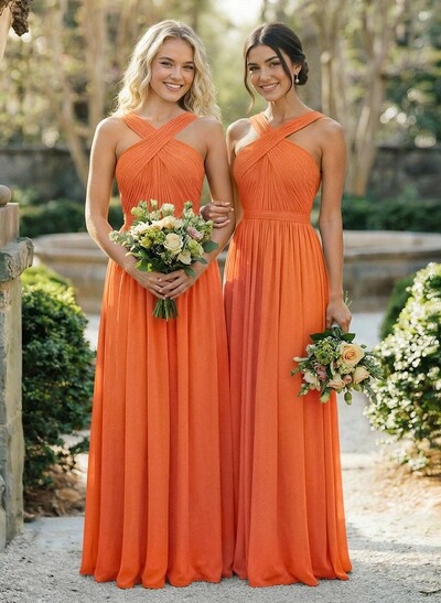 A-Line Floor-Length Halter Sleeveless Chiffon Bridesmaid Dress With Bow And Sash