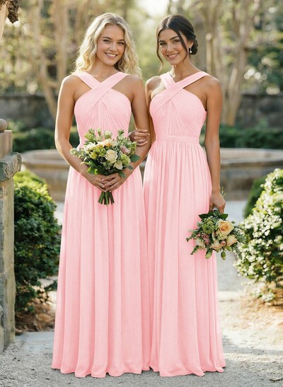 A-Line Floor-Length Halter Sleeveless Chiffon Bridesmaid Dress With Bow And Sash