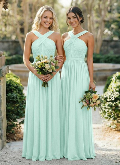 A-Line Floor-Length Halter Sleeveless Chiffon Bridesmaid Dress With Bow And Sash