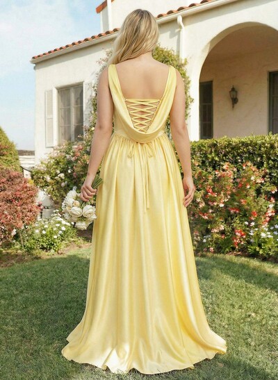 A-Line Cowl Neck Sweep Train Sleeveless Satin Bridesmaid Dress With Split Front