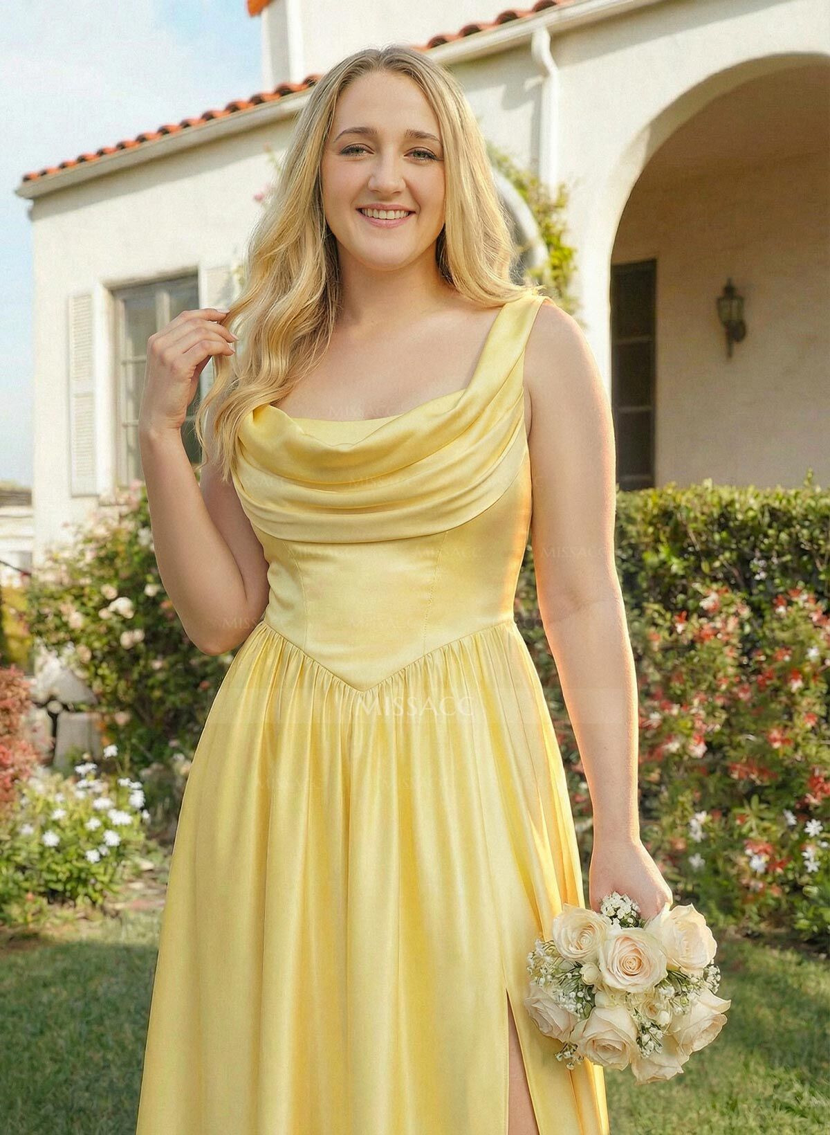 A-Line Cowl Neck Sweep Train Sleeveless Satin Bridesmaid Dress With Split Front