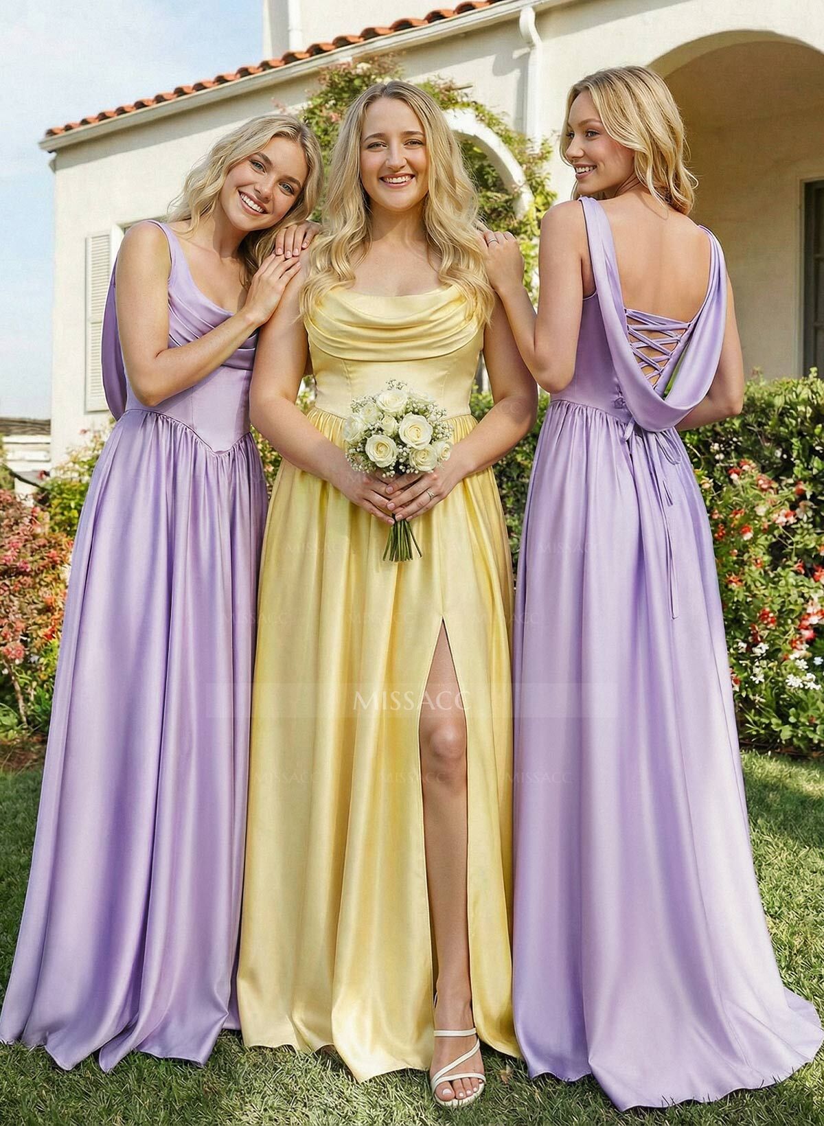 A-Line Cowl Neck Sweep Train Sleeveless Satin Bridesmaid Dress With Split Front