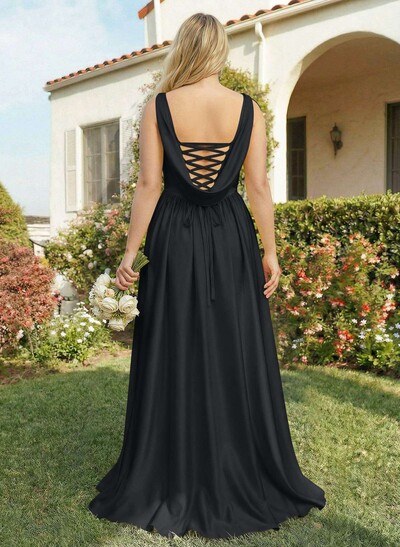 A-Line Cowl Neck Sweep Train Sleeveless Satin Bridesmaid Dress With Split Front